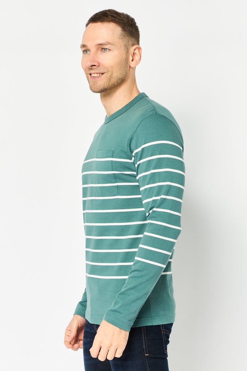 Celio Men Crew Neck Long Sleeve Stripe T-Shirt, Green British - Image 2